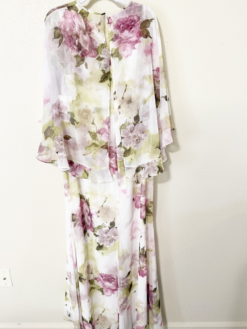 Teri Jon by Rickie Freeman Floral Chiffon Ruffle Capelet Gown Cream Green Pink - Picture 13 of 14
